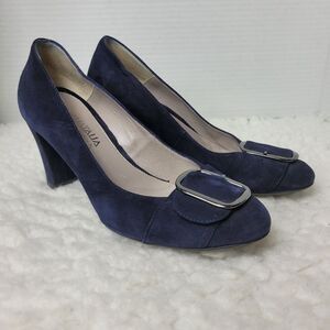Aquatalia Sacchetto Suede Pumps Size 6.5 M Blue Silver Buckle/Toe 3" Heel